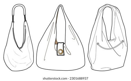 Hobo bolsa de boceto plano ilustración de la moda maqueta maqueta maquillaje maqueta arriba, dibujo de la cad de la bolsa de hombro. Vector de esbozo plano de la bolsa de transporte