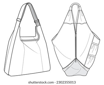 Hobo bolsa de boceto plano ilustración de la moda maqueta maqueta maquillaje maqueta arriba, dibujo de la cad de la bolsa de hombro. Vector de esbozo plano de la bolsa de transporte