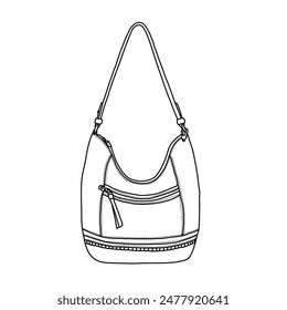 Hobo Bag  Large Leather Women's Handbag for Everyday and Travel Line art, outline vector doodle illustration front view, isolated on white background