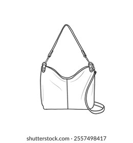 Hobo bag, shoulder bag for women, convertible to crossbody line art. Outline vector doodle illustration isolation on a white background