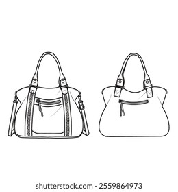 Hobo bag for women with crossbody strap, and a zipper pocket on both front and back line art. Outline vector doodle illustration front view, isolated on a white background