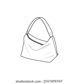 Hobo bag for women, slouchy bag, shoulder bag handbag with zipper line art. Outline vector doodle illustration isolation on a white background