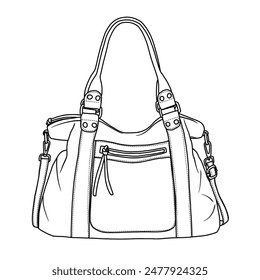 Hobo Bags for Women Handbags with Cross body Strap Line art, outline vector doodle illustration front view, isolated on white background