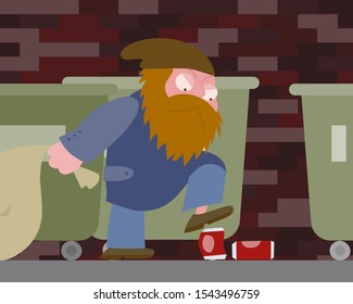 Hobo plows drink cans near trash cans vector cartoon