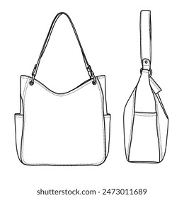 Bolsos de Hobo para las mujeres Soft Top Handle Shoulder Bag Line art, ilustración de garabato de Vector contorno vista frontal y lateral, aislado sobre fondo blanco