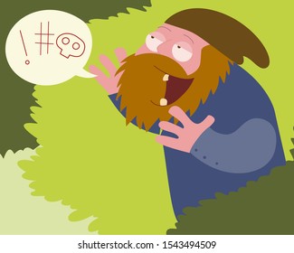 Hobo shouts dirty words from bushes vector cartoon