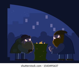 Hobo under the bridge warm at the burning barrel at night vector cartoon