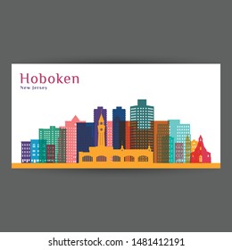 Hoboken City, New Jersey Architecture Silhouette. Colorful Skyline. City Flat Design. Vector Business Card.