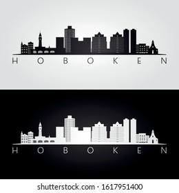 Hoboken, New Jersey skyline and landmarks silhouette, black and white design, vector illustration.  