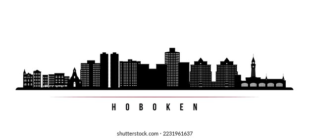 Hoboken skyline horizontal banner. Black and white silhouette of Hoboken, NJ. Vector template for your design. 