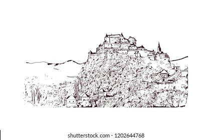 Hochosterwitz Castle is a castle in Austria, considered one of Austria's most impressive medieval castles. Hand drawn sketch illustration in vector.