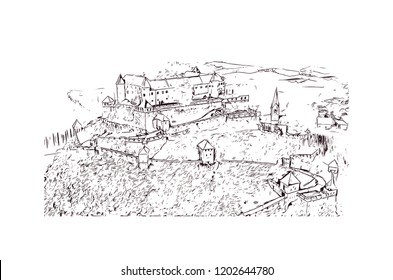 Hochosterwitz Castle is a castle in Austria, considered one of Austria's most impressive medieval castles. Hand drawn sketch illustration in vector.