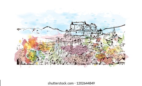 Hochosterwitz Castle is a castle in Austria, considered one of Austria's most impressive medieval castles. Watercolor splash with Hand drawn sketch illustration in vector.