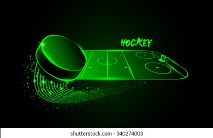 Hockey arena and flying puck. Neon style.