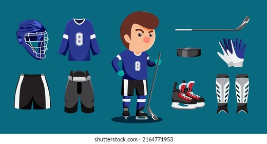 Hockey athletics player cartoon and equipment set such as puck, stick, glove, ice skate, helmet, jersey, pads. Objects isolated on a blue background.