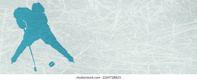 Hockey background with a silhouette of a child hockey player with a stick and a puck in a calm blue tint on a ice horizontal template. Sports illustration with space for text, promotions, advertising.