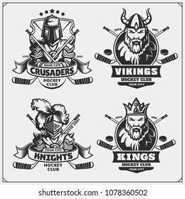 Hockey badges, labels and design elements. Sport club emblems with crusader, king, knight and viking.