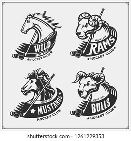 Hockey badges, labels and design elements. Sport club emblems with ram, bull and horse. Print design for t-shirts.