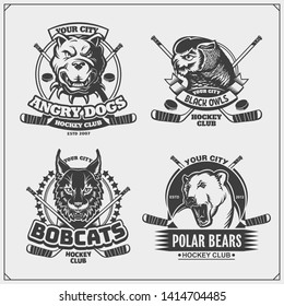 Hockey badges, labels and design elements. Sport club emblems with pitbull, owl, bobcat and polar bear. Print design for t-shirts.