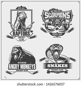 Hockey badges, labels and design elements. Sport club emblems with gorilla, cobra, raptor dinosaur and scorpion. Print design for t-shirts.