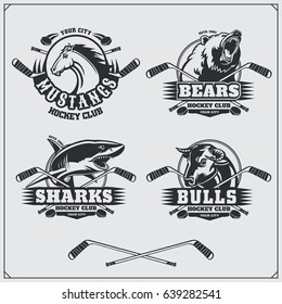 Hockey badges, labels and design elements. Sport club emblems with bear, shark, bull and horse. Print design for t-shirt.