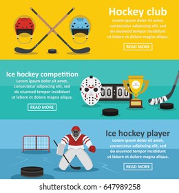 Hockey banner horizontal concept set. Flat illustration of 3 hockey vector banner horizontal concepts for web