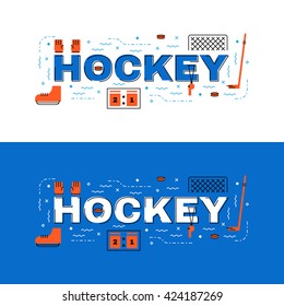 Hockey banner, hockey  lettering flat line design with icons and elements for book cover, report header, presentation,illustration, infographics, printing, website banner and landing page.