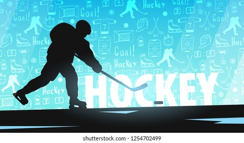 Hockey banner with player and doodle elements on the background. Vector illustration