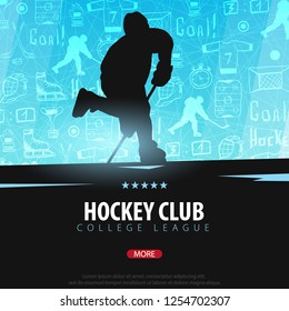 Hockey banner with players and doodle elements on the background. Vector illustration