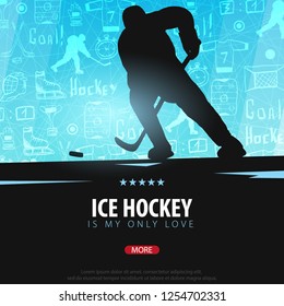 Hockey banner with players and doodle elements on the background. Vector illustration