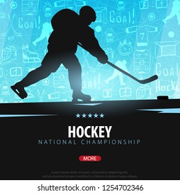 Hockey banner with players and doodle elements on the background. Vector illustration