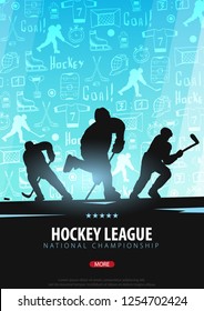 Hockey banner with players and doodle elements on the background. Vector illustration