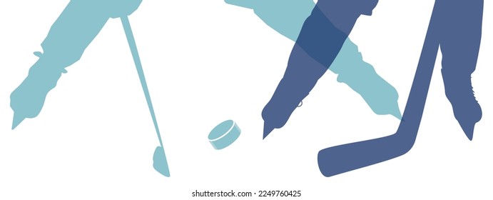 Banner de hockey con dos jugadores en movimiento sobre fondo blanco. Ilustración deportiva con espacio para la colocación de textos, promociones, publicidad, promociones, etc.