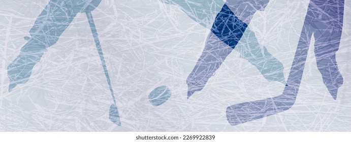 Cartel de hockey con dos jugadores en movimiento sobre un hielo. Ilustración deportiva con espacio para la colocación de textos, promociones, publicidad, promociones, etc.