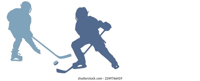 Hockey-Banner. Zwei junge Hockeyspieler im Kampf um den Puck auf weißem Hintergrund. Sporträume mit Platz für Text, Werbung, Werbung, Werbung, etc.