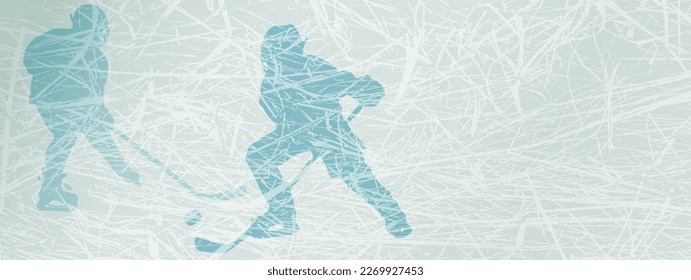 Cartel de hockey. Dos jóvenes jugadores de hockey en la lucha por el disco sobre fondo de hielo. Ilustración deportiva con espacio para texto, promociones, publicidad, promociones, etc.