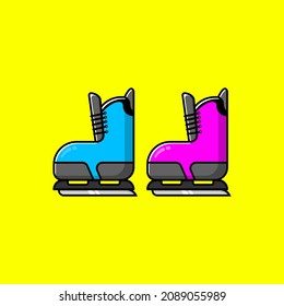 Hockey boot cartoon style icon illustration. Blue and Pink hockey boot on yellow background.