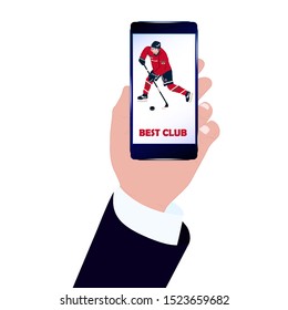 Hockey. Businessman hand holds smartphone - on screen - The best club. Hockey player in bright outfit - isolated on white background - vector. Winter sport.