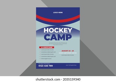 Hockey Camp Flyer Design Template. Sports Event Poster Leaflet Design. Hockey Sports Flyer. A4 Template, Brochure Design, Cover, Flyer, Poster, Print-ready