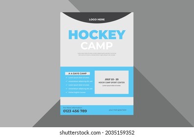 hockey camp flyer design template. sports event poster leaflet design. hockey sports flyer. a4 template, brochure design, cover, flyer, poster, print-ready