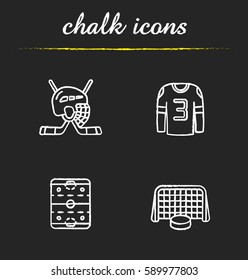 Hockey chalk icons set. Sticks and helmet, rink, shirt, puck in gates. Isolated vector chalkboard illustrations