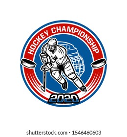 Hockey championship 2020 badge template with hockey player illustration