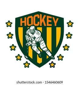 Hockey championship 2020 badge template with hockey player illustration and stars