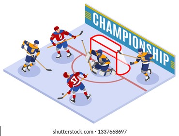 Hockey Championship Isometric Composition With Forward Slapshot Scoring And Protecting Net Goaltender In Goal Crease  Vector Illustration