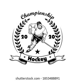 Hockey championship label vector illustration. Ice hockey player in helmet, uniform and skates, laurel wreath, championship text. Sport or fan community concept for emblems and labels templates