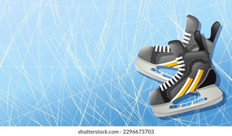 Hockey championship layout banner. Hockey skates and space for text on ice rink background. Sport school concept. Emblems and labels template. Competition or match game poster. Vector illustration