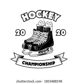 Hockey championship symbol vector illustration. Ice skates and text on ribbon. Sport school concept for emblems and labels templates