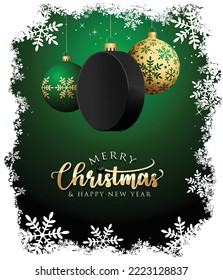 Hockey Christmas balls puck - Snow frame - Greeting Card - New Year - Green Background