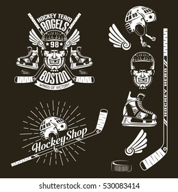 Hockey club emblem with face, sticks, skates, puck. And elements for logos. Vector illustration on a dark background.