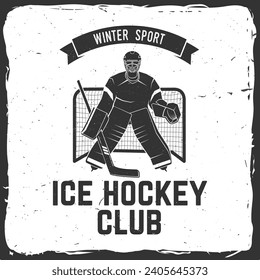 Logo des Hockeyclubs, Badge Design. Konzept für Hemd oder Logo, Druck, Stempel oder Abschlag. Wintersport. Vektorgrafik. Hockey Torhüter, Torhüter schützt das Tor.